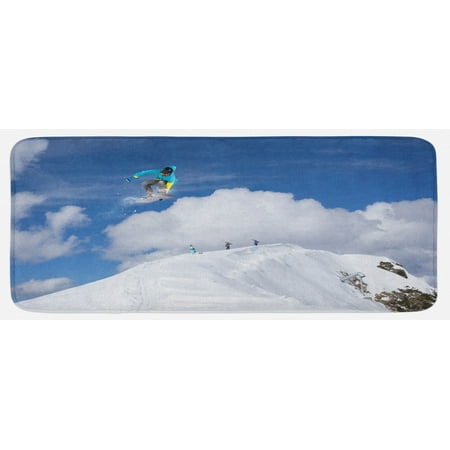 

Winter Kitchen Mat Flying Snowboarder on the Mountaintop with Cloudy Sky Extreme Sports Theme Photo Plush Decorative Kitchen Mat with Non Slip Backing 47 X 19 Blue White by Ambesonne