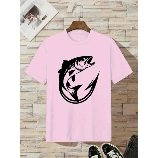 Camiseta de algodón rosa para niño con estampado de pez y anzuelo - Cuello redondo informal, manga corta, tejido transpirable para verano, ropa de verano para niño | Top de verano | Estampado temáti