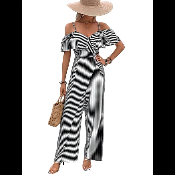Plisados A Rayas para Mujer, Elegantes, de Verano, con Tirantes y Pantalones de Pierna , . Negro L