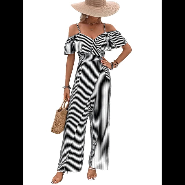 Plisados A Rayas para Mujer, Elegantes, de Verano, con Tirantes y Pantalones de Pierna , . Negro M