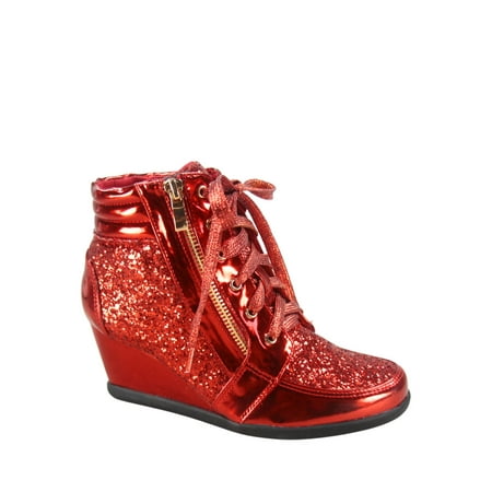 

Peggy-44 Women s Glitter Metallic Lace Up Low Top Low Wedge Fashion Sneaker Shoes ( Red 6 )
