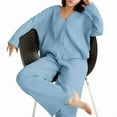 thumbnail image 2 of Womens Cotton Gauze Loungewear Sets Casual Button Down V-Neck Long Sleeves Shirt and Wide Leg Pants Outfits Blue M, 2 of 7