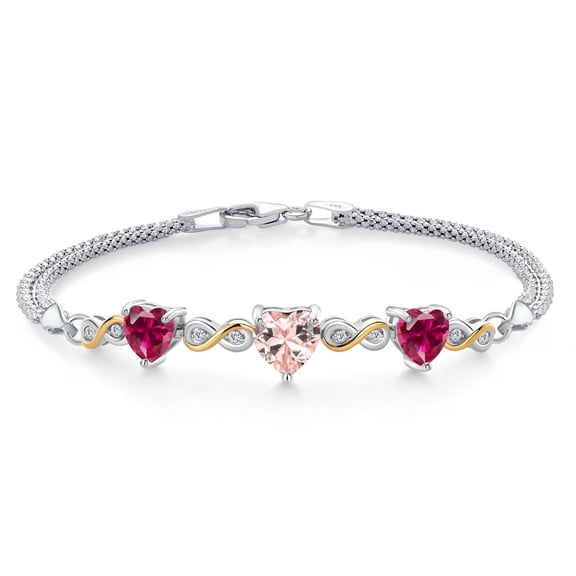 925 Silver and 10K Yellow Gold Peach Nano Morganite and Red Created Ruby and Lab Grown Diamond Bracelet for Women (3.25 Cttw, October Birthstone, Heart 7MM and 6MM, 6.5/7/7.5 inch, Made in Italy)