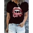thumbnail image 1 of T-Shirt Décontracté en Polyester pour Femmes Imprimé Lèvres en Diamant Col Rond, Manches Courtes Extensible et Lavable en Machine Ajustement Confortable Toutes Saisons Finition Brillante Design Géométrique Tendance Idéal pour Décontracté, 1 of 6