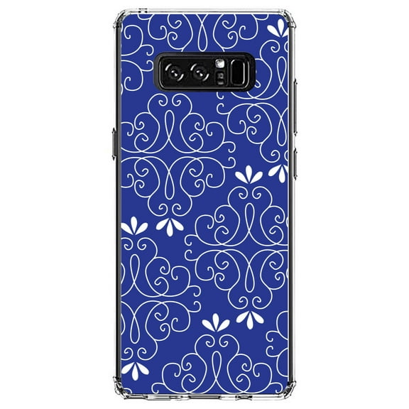 DistinctInk Clear Shockproof Hybrid Case for Samsung Galaxy Note 8 - TPU Bumper, Acrylic Back, Tempered Glass Screen Protector - Dark Blue White Floral