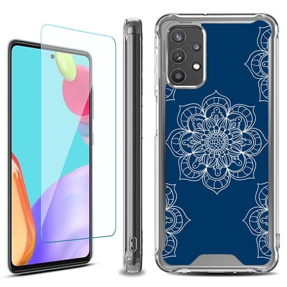Shockproof Bumper Phone Case for Samsung Galaxy A53 5G, with Tempered Glass Screen Protector, by OneToughShield ® - Mandala / Blue