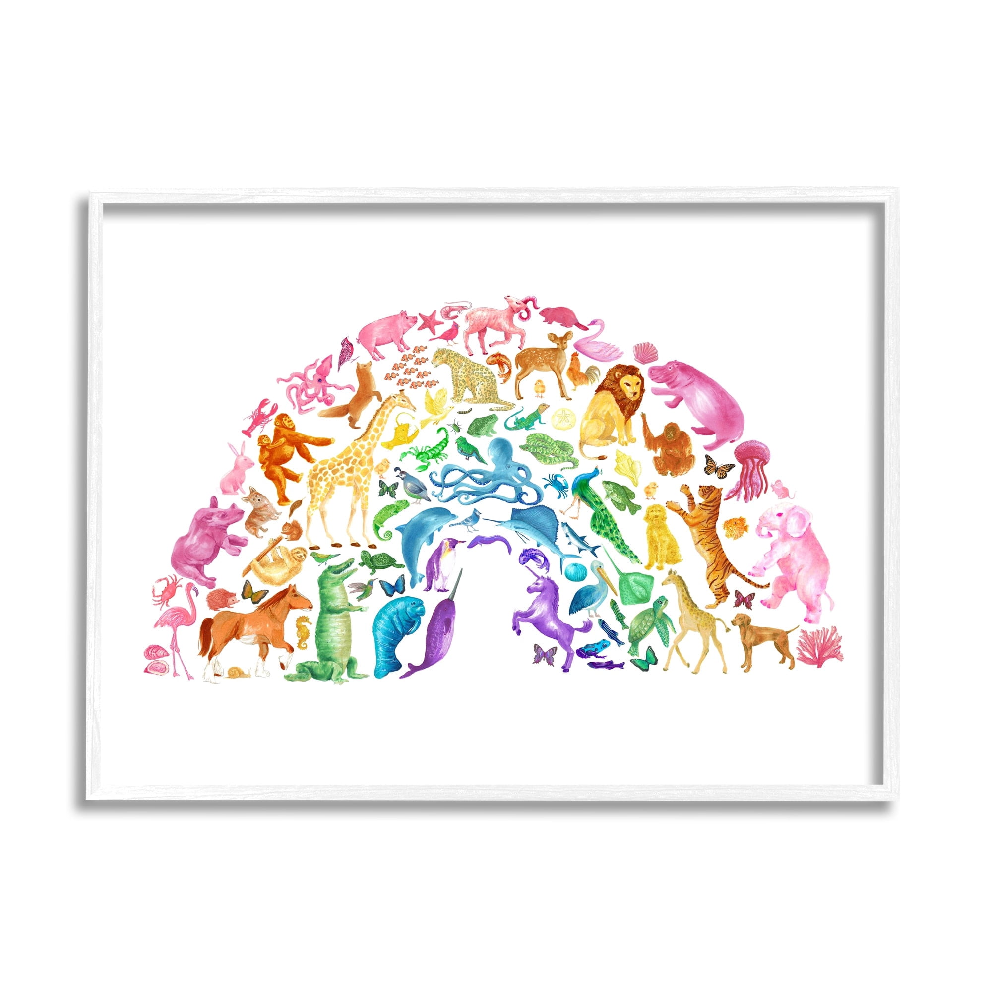 Stupell Industries Mixed Rainbow Animals Wildlife Arched Rainbow Shape Graphic Art White Framed Art Print Wall Art, Design by Dishique