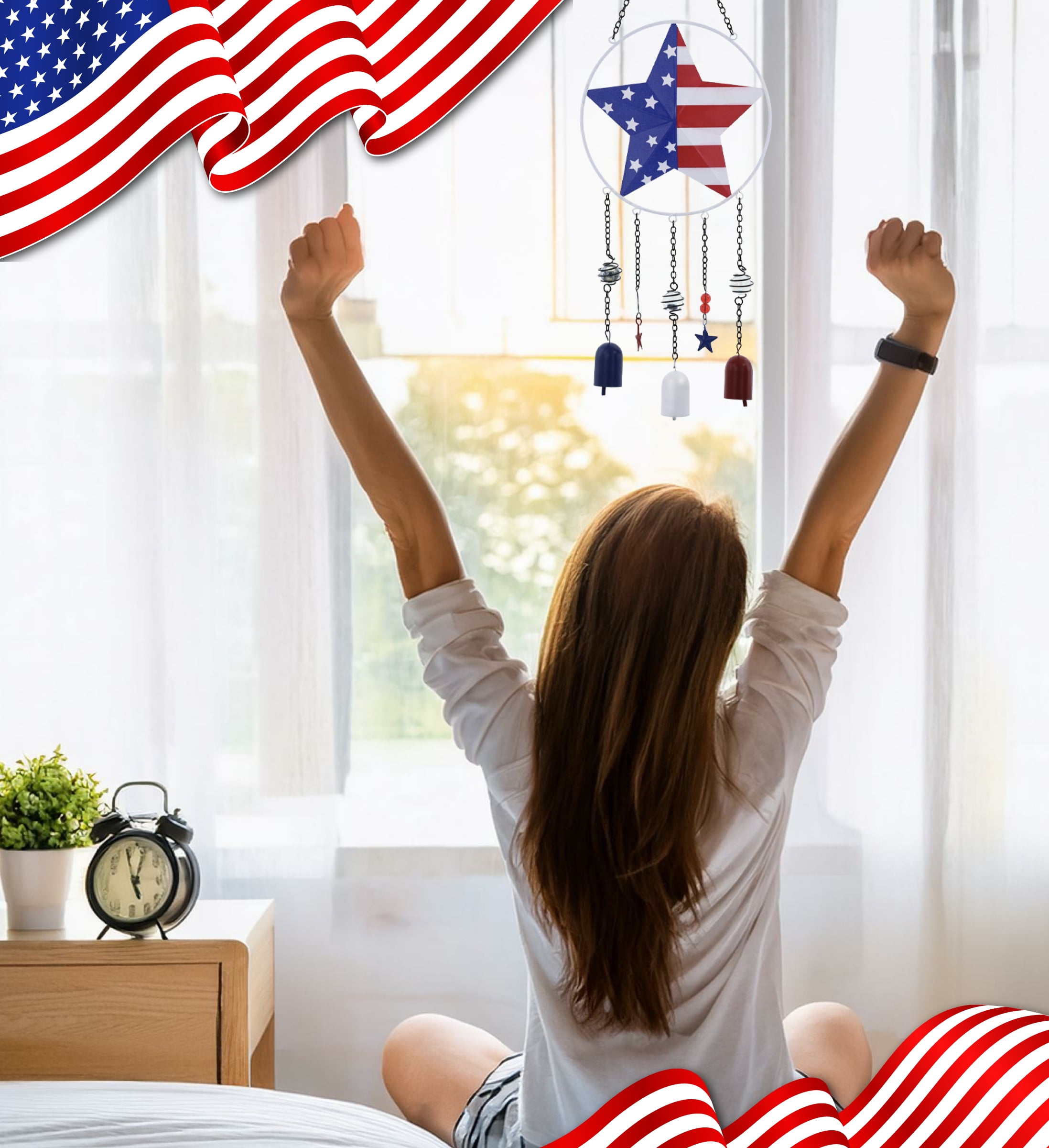 CoTa Global USA Flag Star Wind Chime - American Flag Patriotic Indoor or Outdoor Windchime Home Decor with Hanging Bells, Handcrafted Glass and Metal Wind Chimes for Yard, Garden, Porch - 24 Inch
