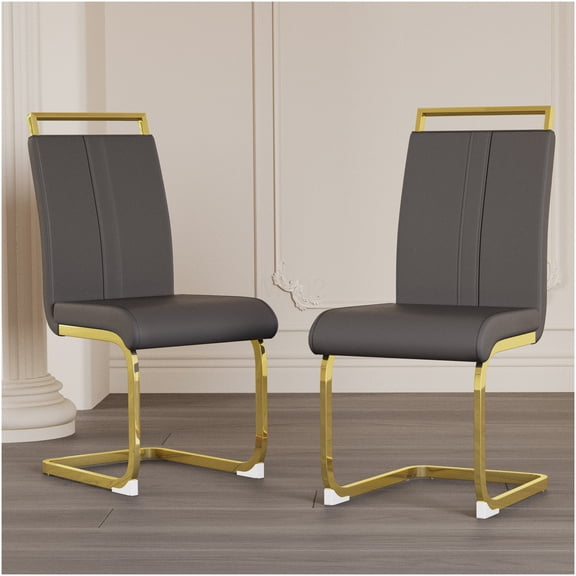 Modern Dining Chairs Set of 2, Grey PU Leather Upholstered Side Chairs with Golden Metal Legs for Kitchen Dining Room Office