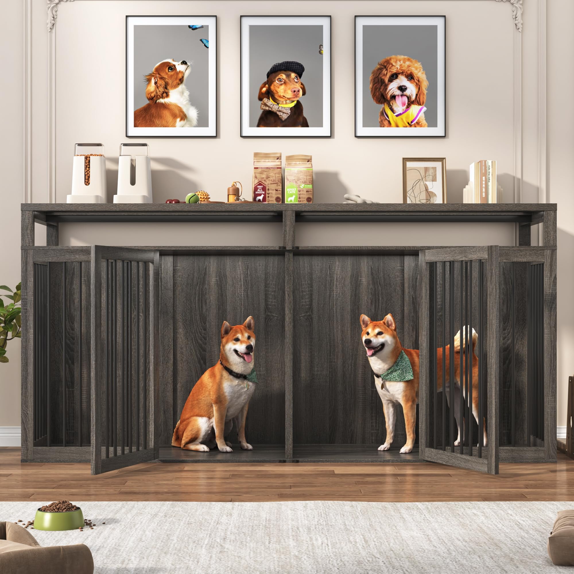 ChVans 87" Large Farmhouse Dog Crate TV Stand, Wooden Dog Crate Furniture with 4 Lockable Doors/Solid Metal Tube, XL-XXL Heavty Duty Dog Crates Furniture for 2 Medium or Large Dogs,Gray