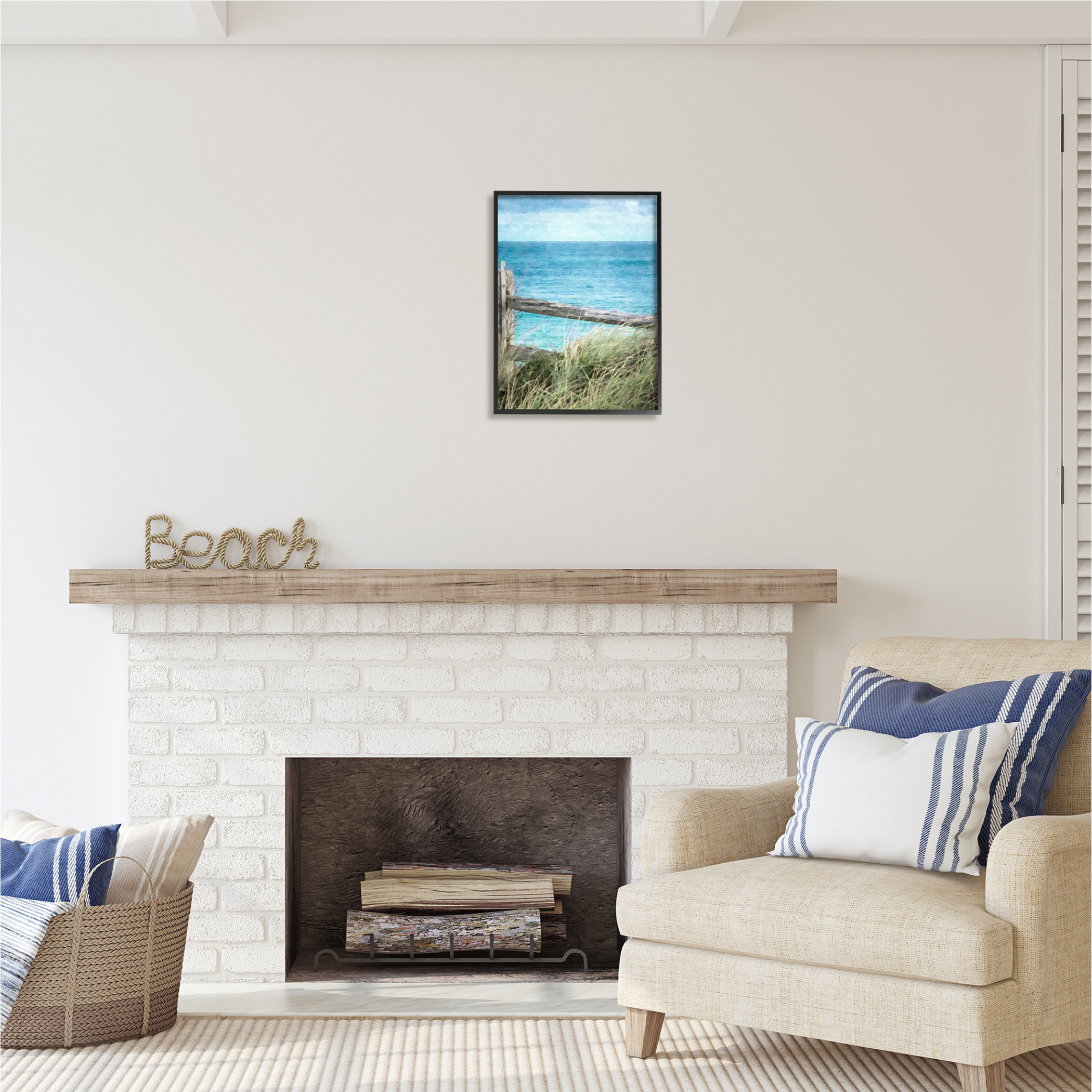 Stupell Industries Waterfront Beach Fence Nature Photography Black Framed Art Print Wall Art, 16 x 20