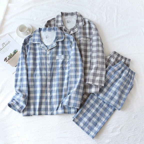 RYDCOT Mens 100% Cotton Plaid Pajama Set Soft Lightweight Button Down Notched Collar Pjs Long Sleeve 2 Pieces Sleepwear Lounge Nightwear with Pocket for Spring Fall Gray