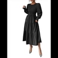 thumbnail image 2 of Vestidos de Invitada de Boda de Otoño para Mujer, con Mangas Largas Abullonadas, Fruncido, Cuello Redondo, Informal, Escalonado, Corte A, Vestido Fluido Negro XL, 2 of 7