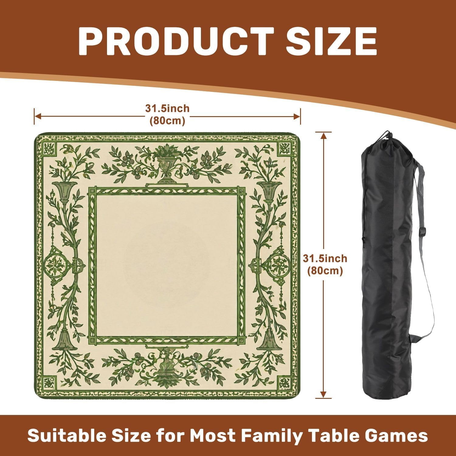 Mahjong Mat with Carrying Bag 31.5" x 31.5" Non-Slip Noise Reduction Oriental Bamboo Frame Floral Pagoda Design Table Mat for Mahjong Poker Dominoes Card Board Tile Games