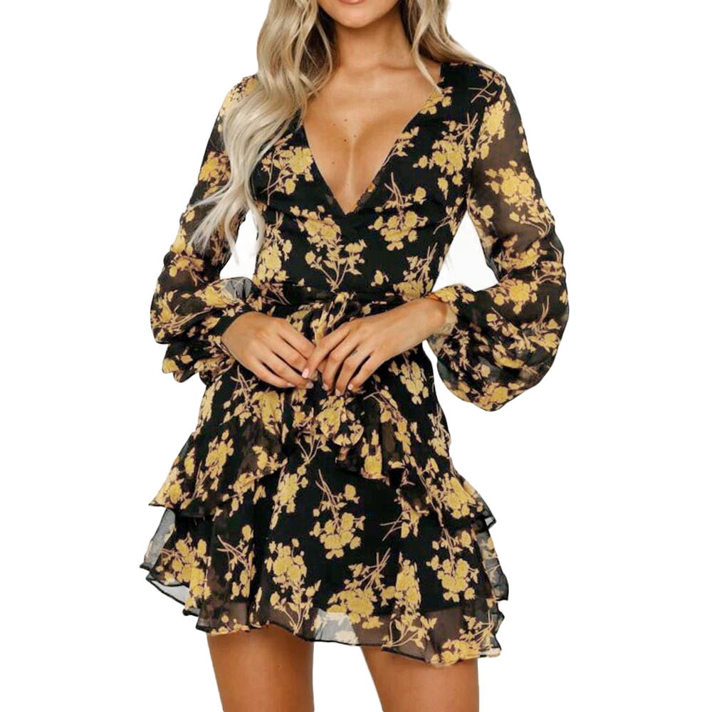 Pink Queen Womens Floral Leaf Printed Lantern Sleeve Empire Mini Dress, Women's, Size: XL, Yellow