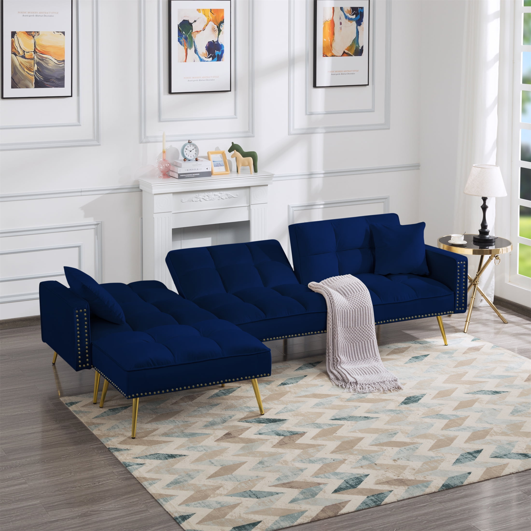 Aukfa 108" Living Room Sectional Sofa Bed, Velvet Sleeper Sofa, Nailhead Decor, 2 Pillows, Blue