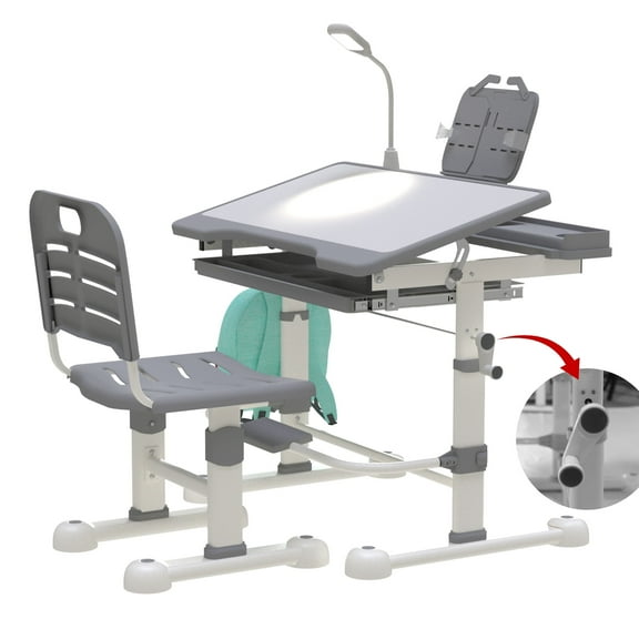 SHGJ&SOFT Kids Desk and Chair Set, Ergonomic Height Adjustable Children School Study Desk with Tilt Desktop, 3 Modes&3 Brightness LED Light,Storage Drawer for Classroom, Gray