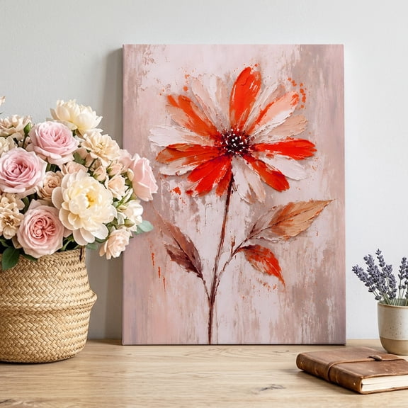 Canvas Wall Art Red Flower Canvas Art Print Abstract Beige Floral Leaf Stem Oil Paint Texture Pictures Wall Decor for Living Room Bedroom Artwork Decorations Stretched Framed Ready to Hang 16"x24"