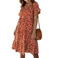 thumbnail image 4 of Femmes Polka Dot Taille Haute Boutons de Fermeture Col Rond Volants Manches Courtes Midi Robe, 4 of 7