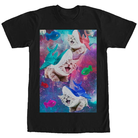 Men's Lost Gods Shark Kitten Space Attack Graphic Tee Black 2X Large