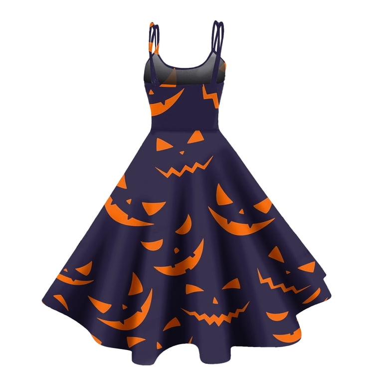 Fgvctg Womens Halloween Wedding Guest Dress Crewneck Cocktail Dresses Pumpkin Ghost Witch Graphic Cute 1950s Tea Dress Halloween Sleeveless A-Line Navy Outfit Navy S