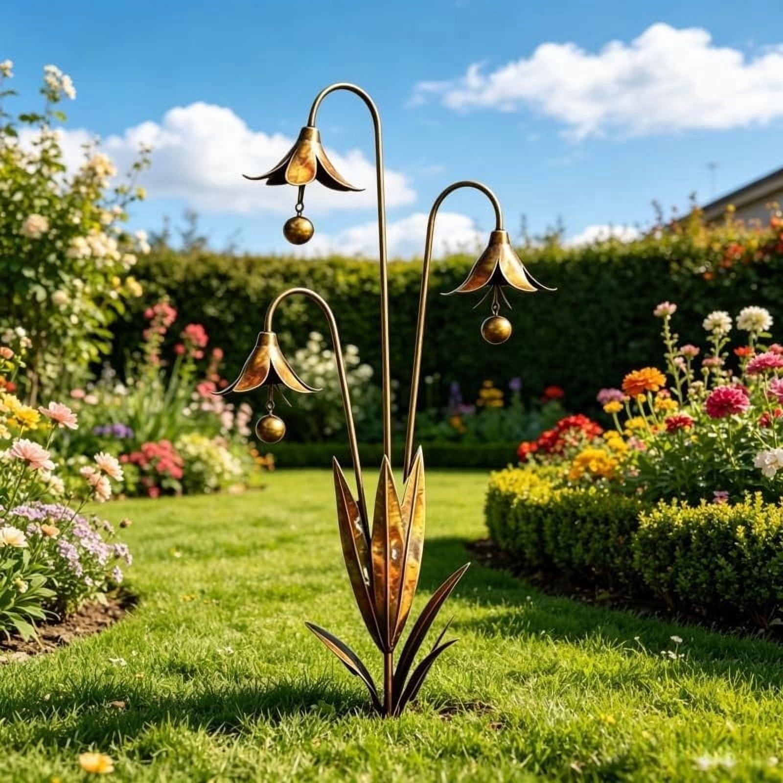 Three Bluebells Garden Stake with Bells, Flamed Copper Rain Catcher Flower Outdoor Yard Decoration, Metal Plant Sculpture Yard Art Decor, Rustic Wind Chime Ornament Gift