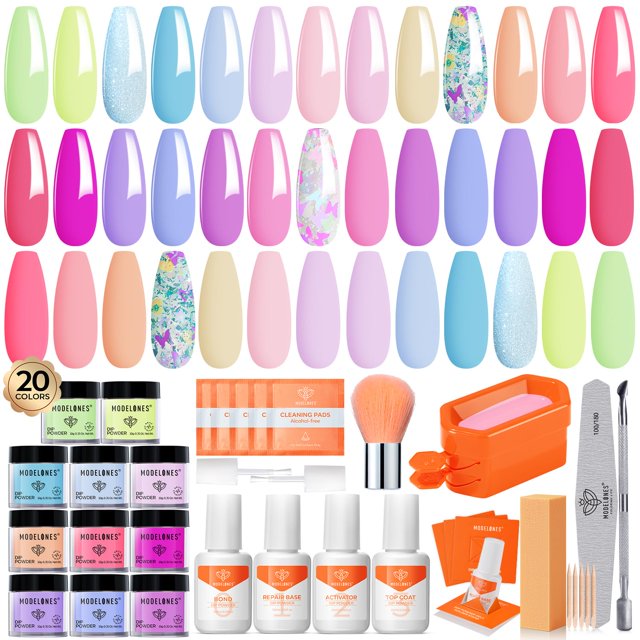 Kit de uñas Modelones en polvo, 20 colores, con base y capa superior