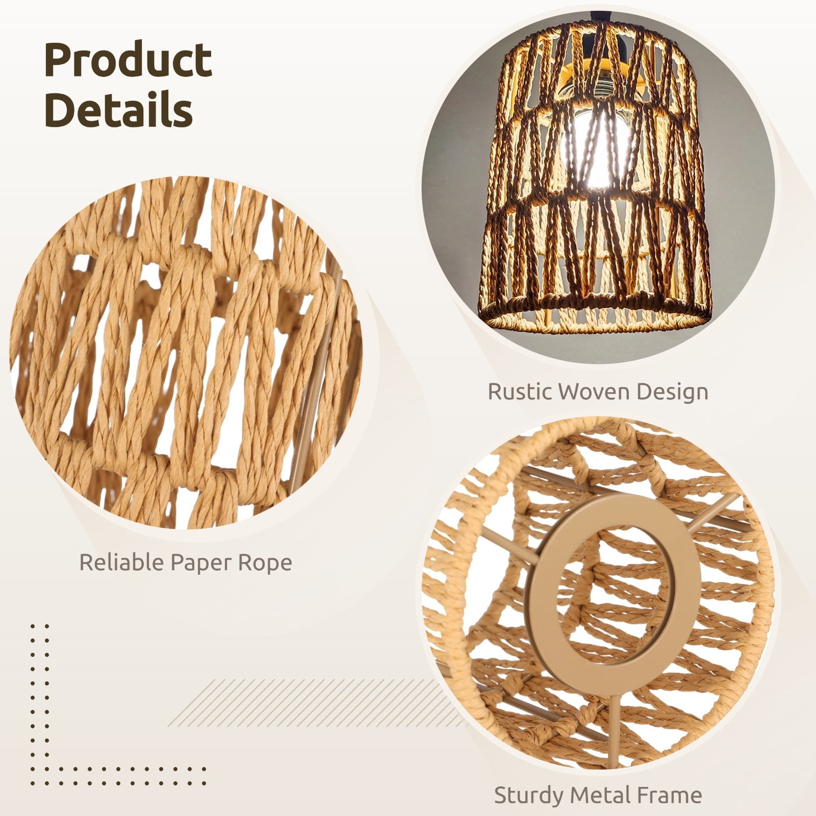 3 Pack E27 Rattan Lampshades – Handwoven Cylinder Lamp Shade, Bohemian Paper Rope & Metal Frame, Natural Wicker Replacement for Table Pendant & Wall Lights, 4.7" x 5.9"