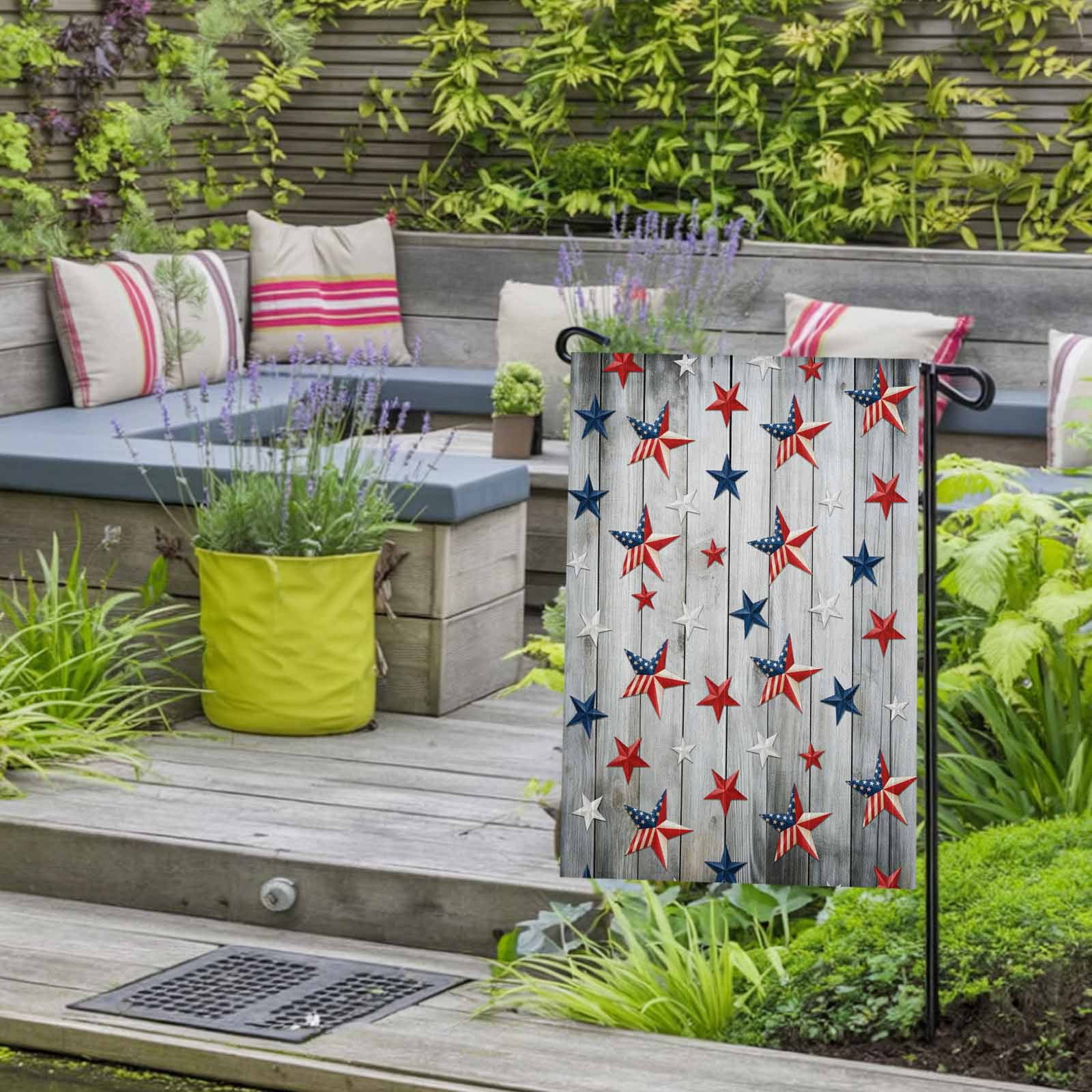 4th of July Garden Flags Patriotic Stars Stripes Garden Flag Double Sided Welcome Flag USA Flags Grey Wood Grain Independence Day Yard Flags for Outdoor Lawn Porch Memorial Day Decor 28x40 Inch