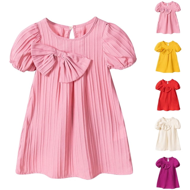 NJDVHB Robe d'Été pour Tout-Petit, Robe de Plage pour Fillette, Robe de Fête pour Filles, Robe Décontractée Unie à Manches Courtes et Col Rond pour Enfants, Rouge, 100