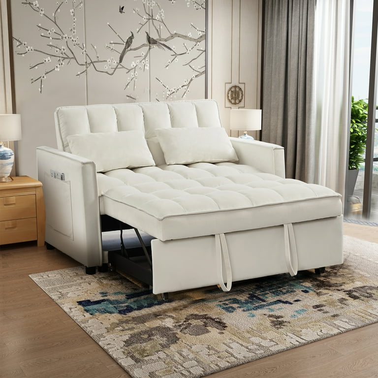 KINFFICT Small Sofa Bed, Modern Velvet Loveseat Sleeper with Pull