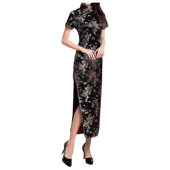 XIAOCHA Women's Flattering Qipao Dress Summer Short Sleeve High Slit Retro Vintage Cheongsam Evening Dress Maxi Gown