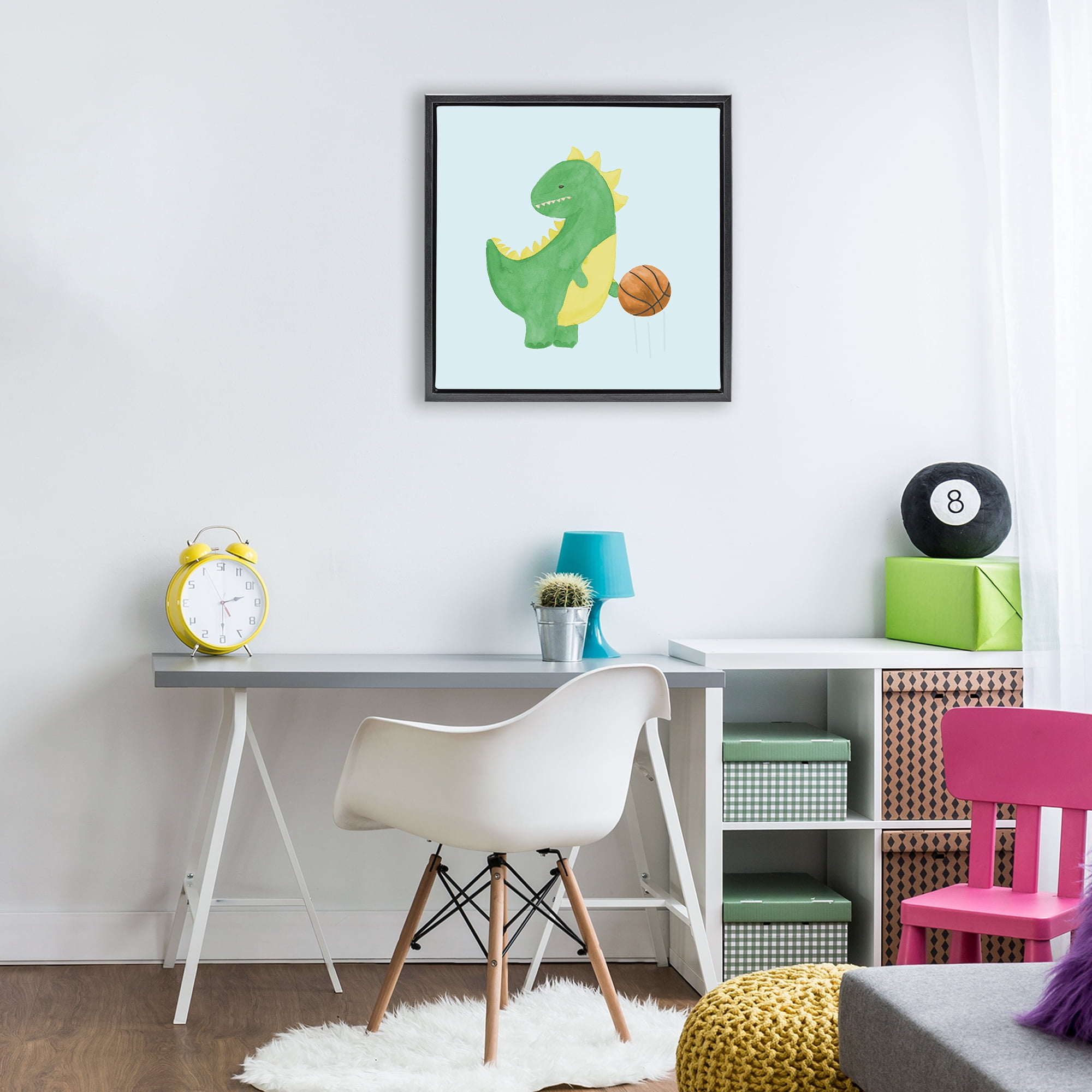 Stupell Industries Baby Dino & Basketball Black Framed Floater Canvas Wall Art, design by Lucille Price