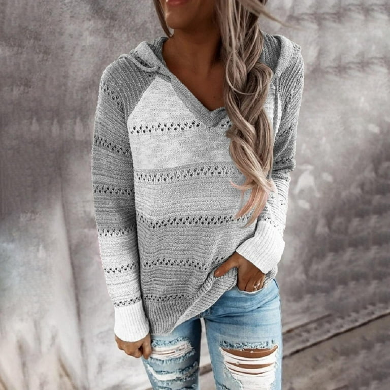 Caitzr Women s Hooded Casual Sweater Color Block Knitted Loose