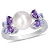 Miabella Women's 8-8.5mm Cultured Freshwater Pearl 1 Carat T.G.W. Pear-Shaped Amethyst Round-Cut Tanzanite and Diamond Accent Sterling Silver Butterfly Ring