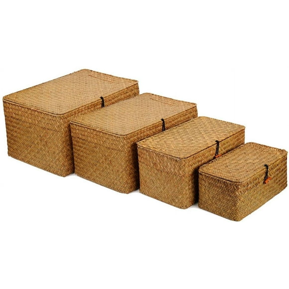 Wicker Storage Basket with Lids, Seagrass Basket, Woven Box, Rattan Storage Organizer for Shelf, Set of 4