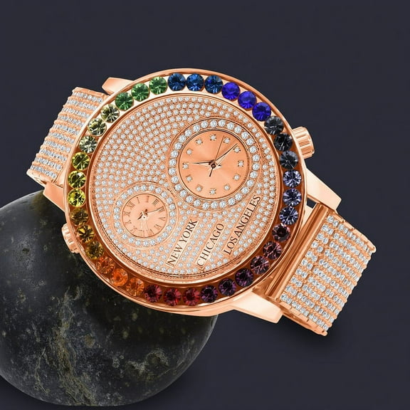 Men's 18K Rose Gold Finish Rainbow Multi Tone Chronograph Solitaire Real Diamond Dial Custom Bezel And Band Watch Analog 45mm W/Date