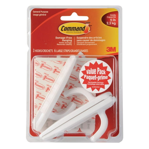 Crochets utilitaires 17003C-VP Command(MC), grands, blancs, 2,3 kg (5 lb), 3 crochets, 6 bandes, paquet-prime
