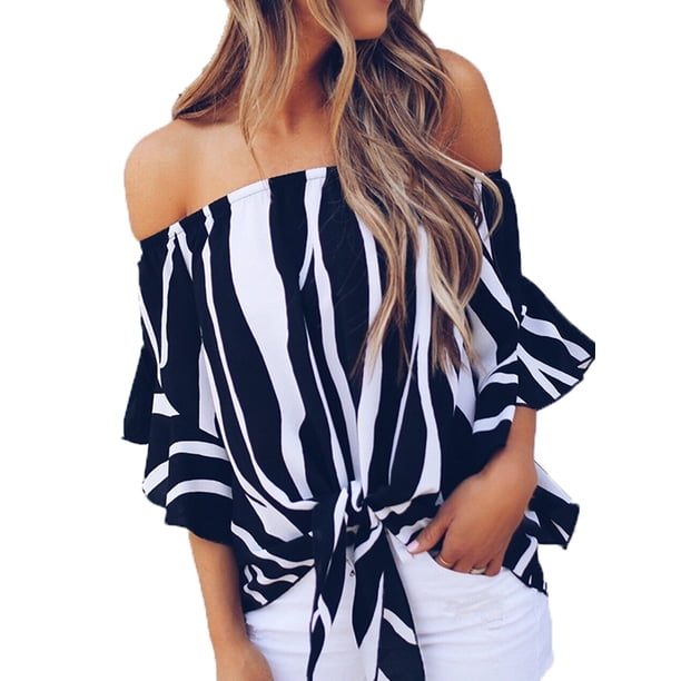 Wodstyle Women's Off Shoulder Striped Batwing Sleeve Shirts Walmart