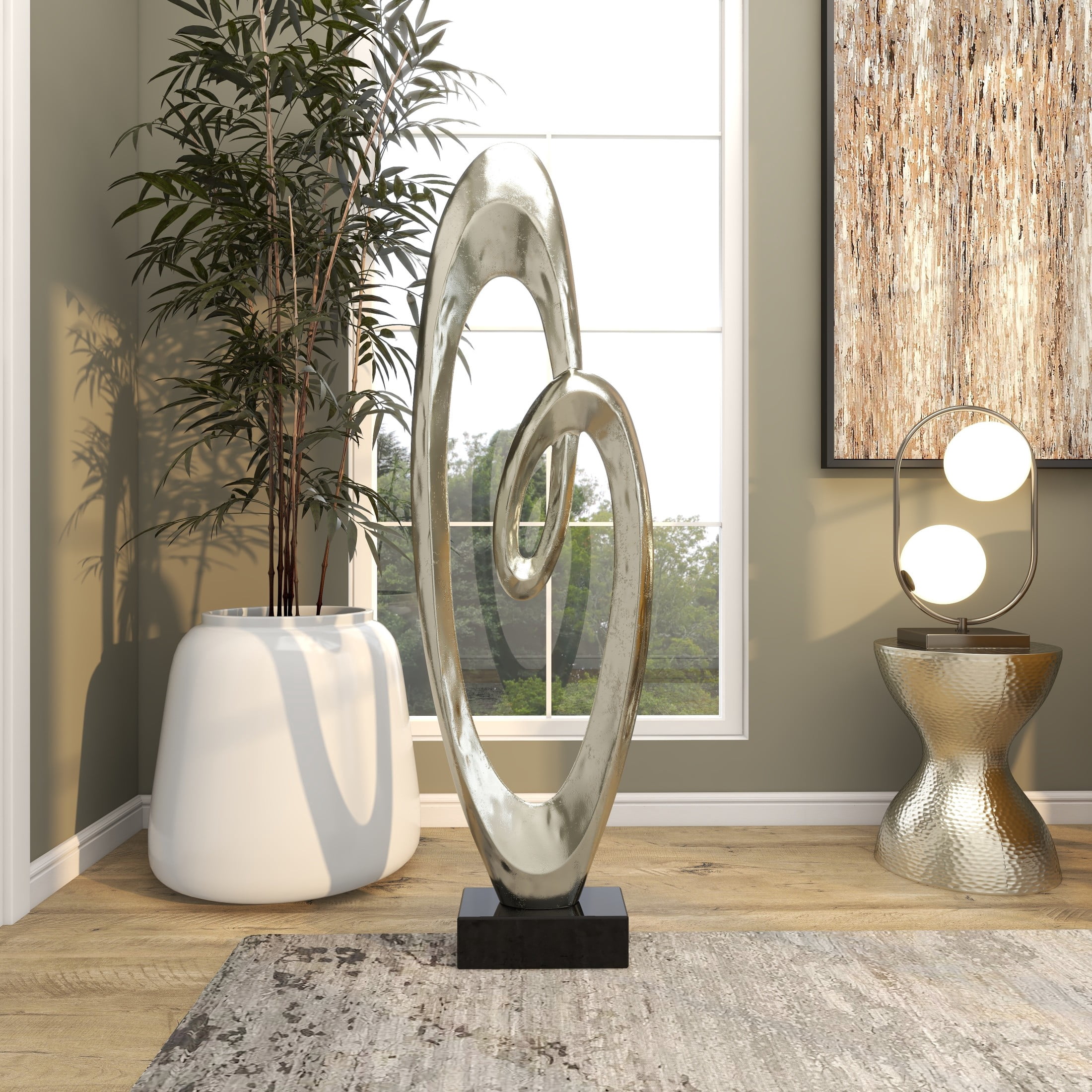 16" x 52" Silver Aluminum Metal Tall Floor Loop Abstract Sculpture with Black Marble Base, by DecMode