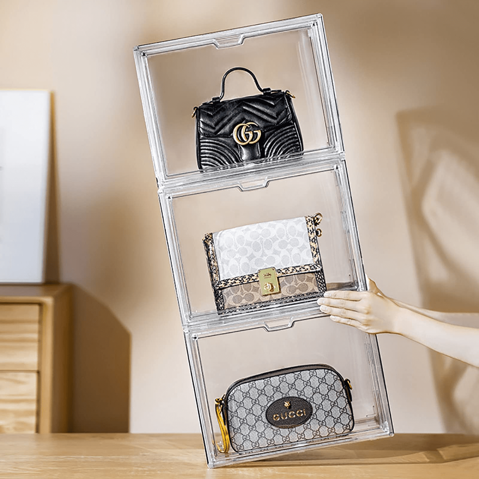 Clear Handbag Storage Organizer for Closet, 3 Packs Acrylic Display Case  for Purse/Handbag, Plastic Storage Containers with Magnetic Door, Acrylic  Box Organizer… in 2023