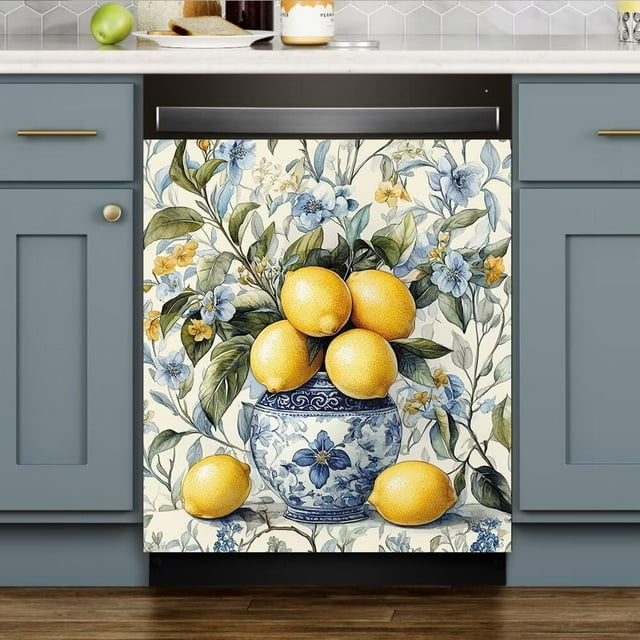 Lemon Dishwasher Decorative Cover,Vase Flower Stickers Home Decor,Flowers and Lemon Refrigerator Oven Washing Machine Door Panel Decal,Lemons Stickers Kitchen Decor