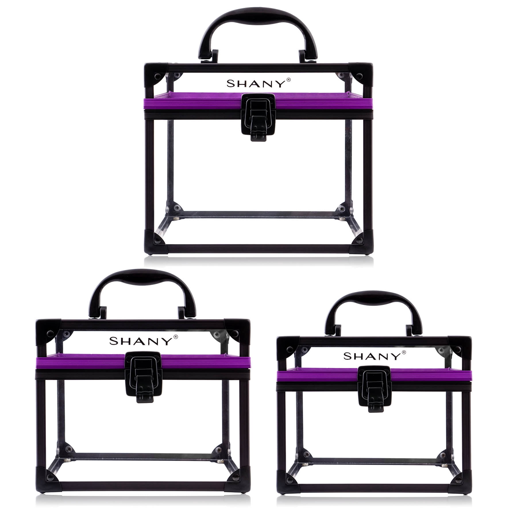 SHANY Clear Cosmetics and Toiletry Train Case - Clear Travel Makeup Bag Case Organizer with Secure Closure and Black/Purple Accents - 3PC Set