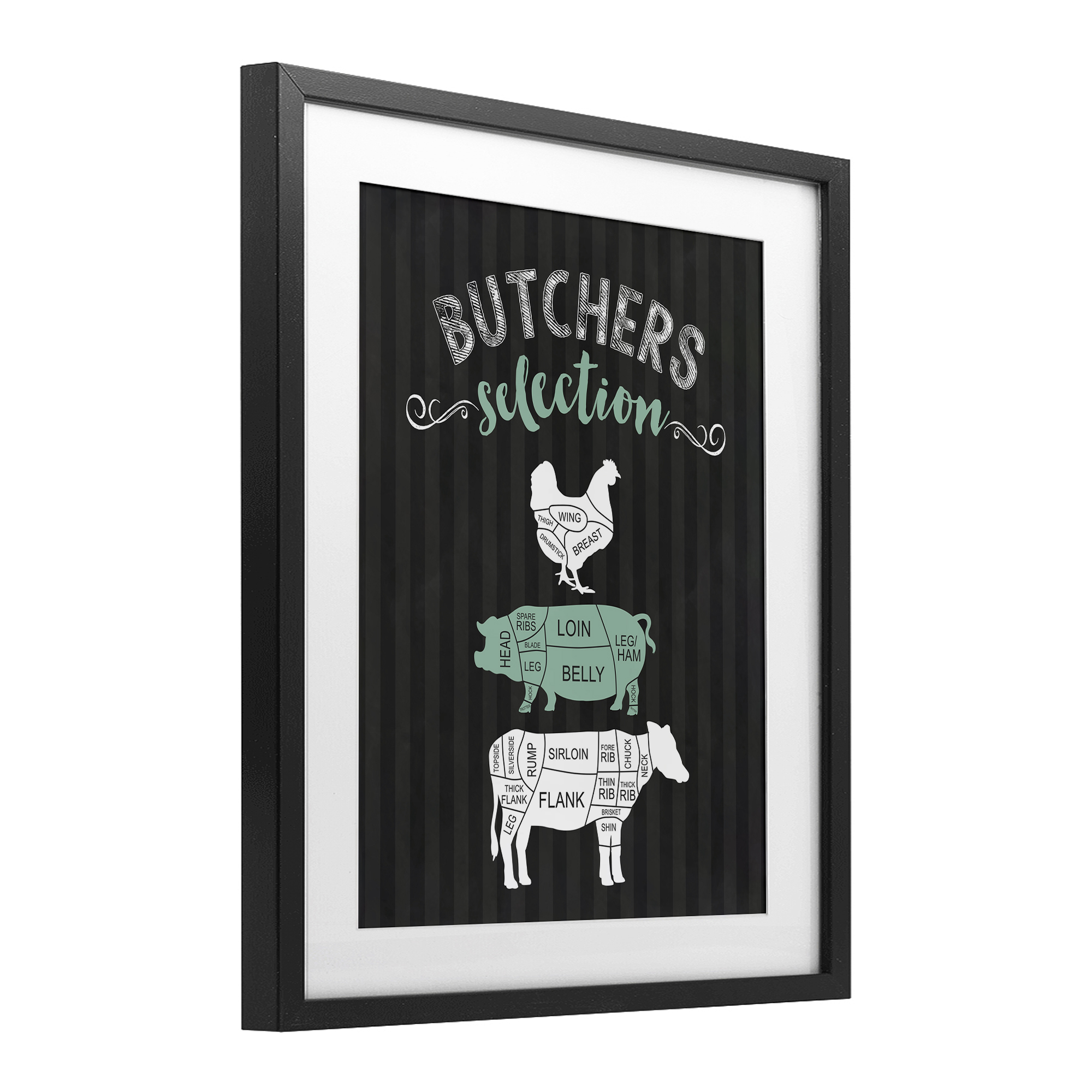 Butchers Selection Black & Green Black Framed Print Under Glass, design by Lettered and Lined