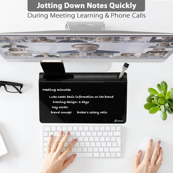OPVM-Glass Desk Buddy Whiteboard with Storage, Small Dry Erase Desktop White Board Caddy to-do List Memo Notepad for Office, School and Home Office Supplies (Black)