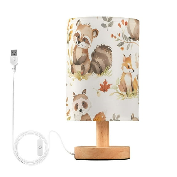 Bedside Desk Lamp LED Bulb Night Light USB Power Fabric Lampshade Table Lamps Cartoon Raccoon Fox