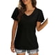 thumbnail image 1 of Top de manga corta con puños con volantes, camiseta informal plisada con cuello en V para mujer para uso diario, 1 of 5