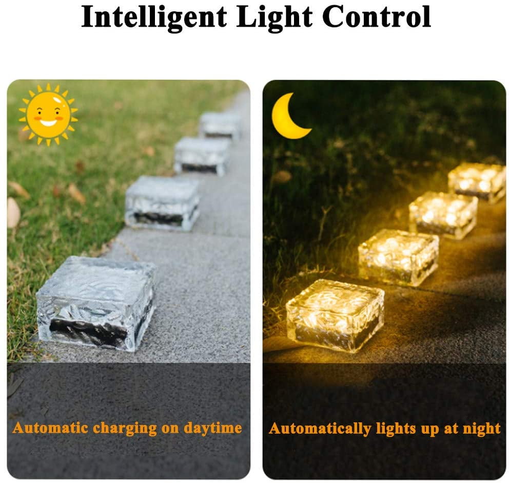 4 Pack LED Ice Cube Lights, Solar Brick Lights Outdoor, Solar Frosted Landscape Light for Patio Road Pool Decoration, Warm White