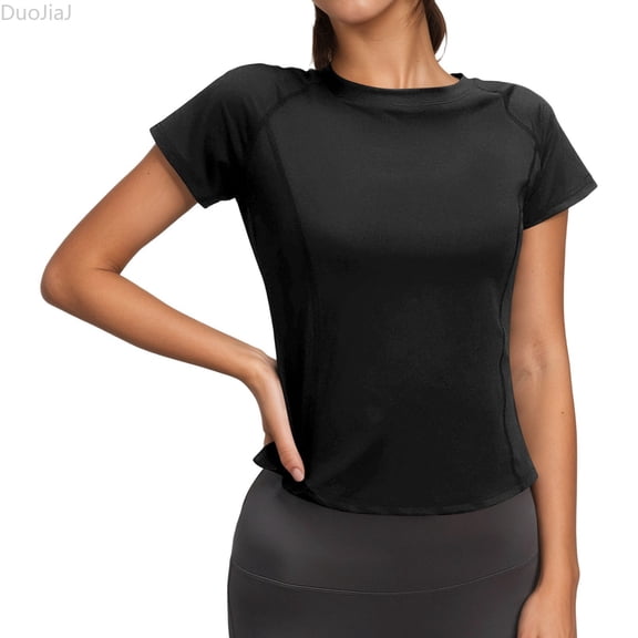 DuoJiaJ Womens Workout Top, Slim Fit Crew Neck Short Sleeve Activewear Black L