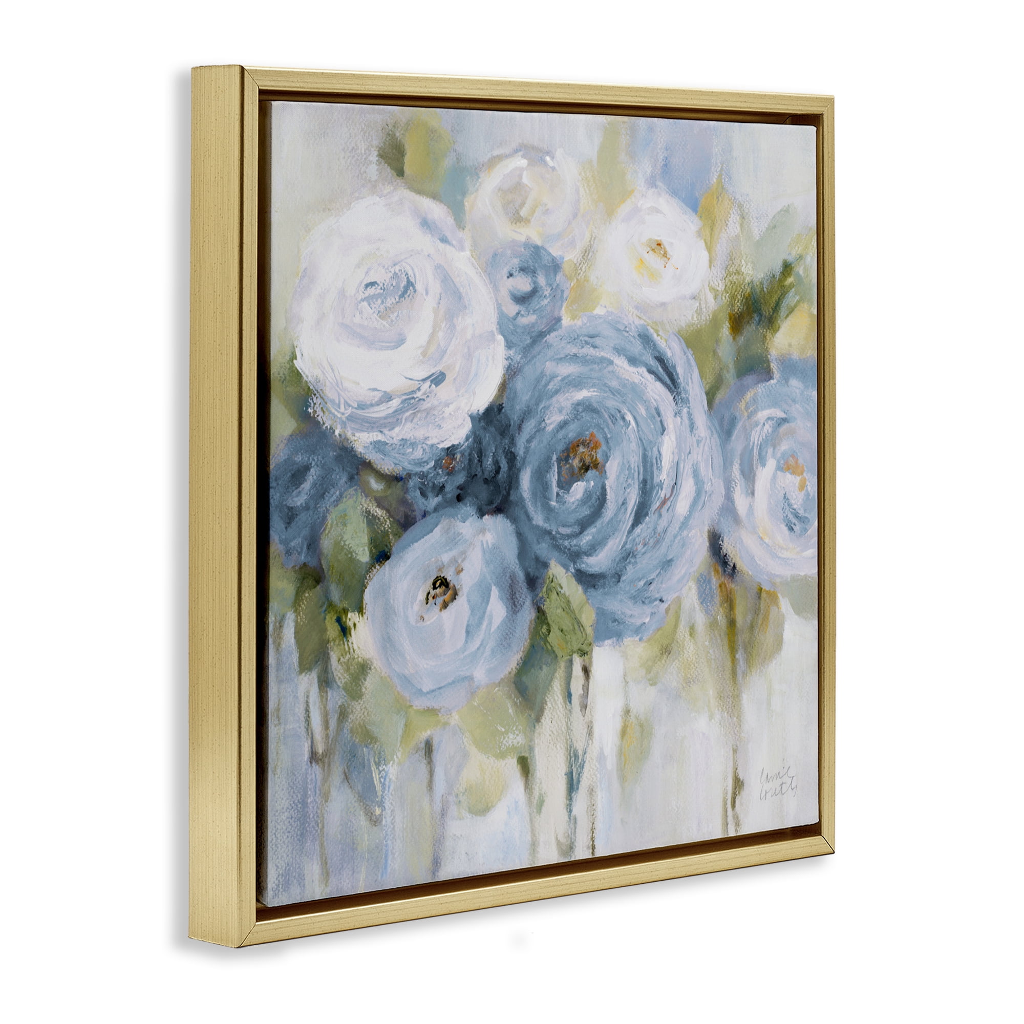 Stupell Industries Softly Blooming In Blues Gold Framed Floater Canvas Wall Art, design by Lanie Loreth